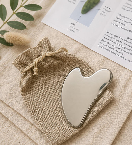 Stainless Steel Large Heart Gua Sha Facial Massager Tool | Wellness Aid | Spa & Relaxation | + Guide + Linen Pouch + Gift Wrapped