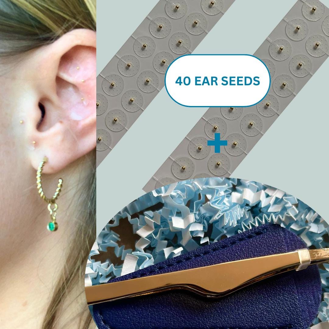 40 Piece Gold or Silver Plated Acupressure Ear Seed Kit + Guide + Tweezers + Case + Gift Wrap | Letterbox Gift Set | Holistic Healing