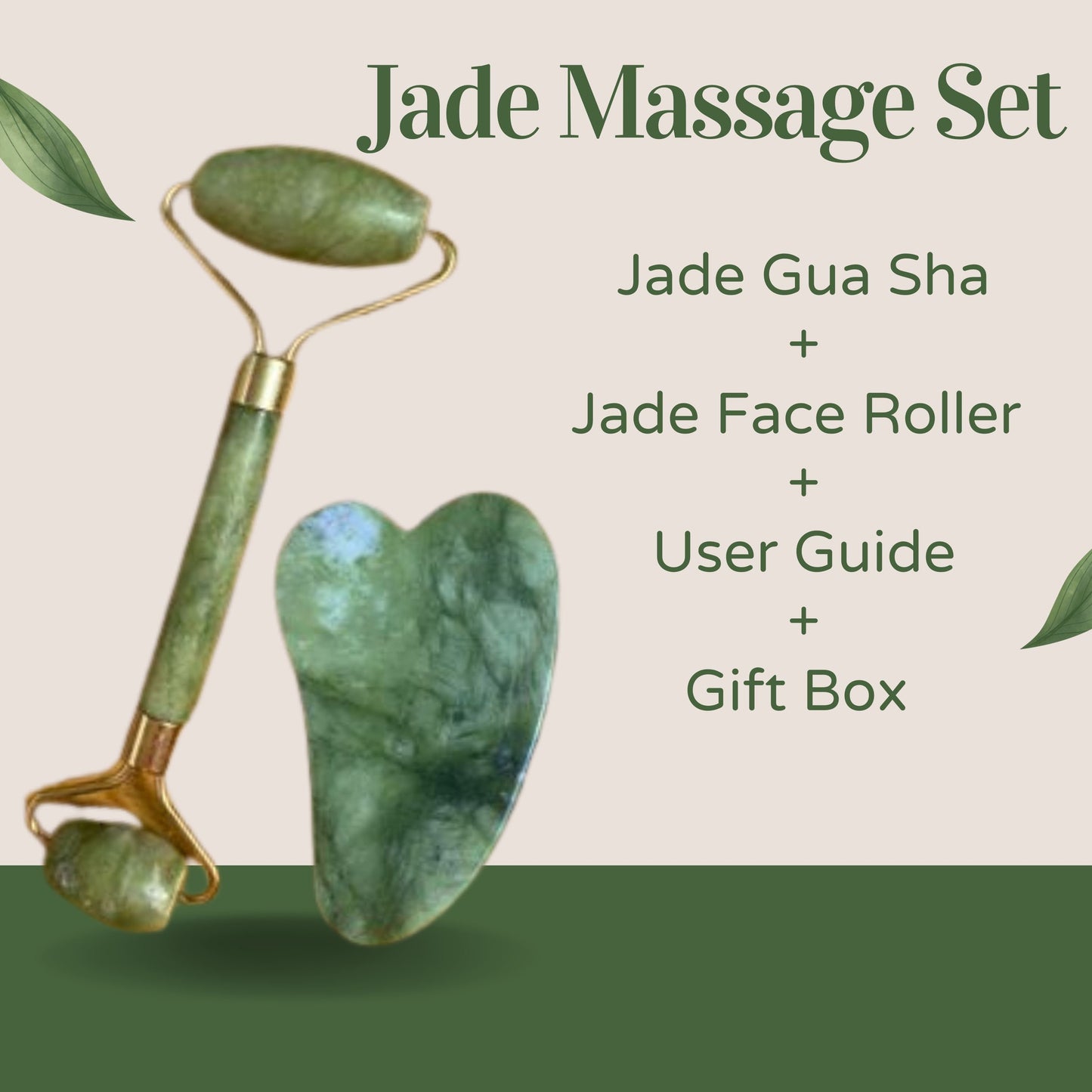 Natural Jade Heart Gua Sha & Roller Real Crystal Set + Linen Storage Bag + Guide + Gift Wrap | Facial Massager Spa Letterbox Bundle