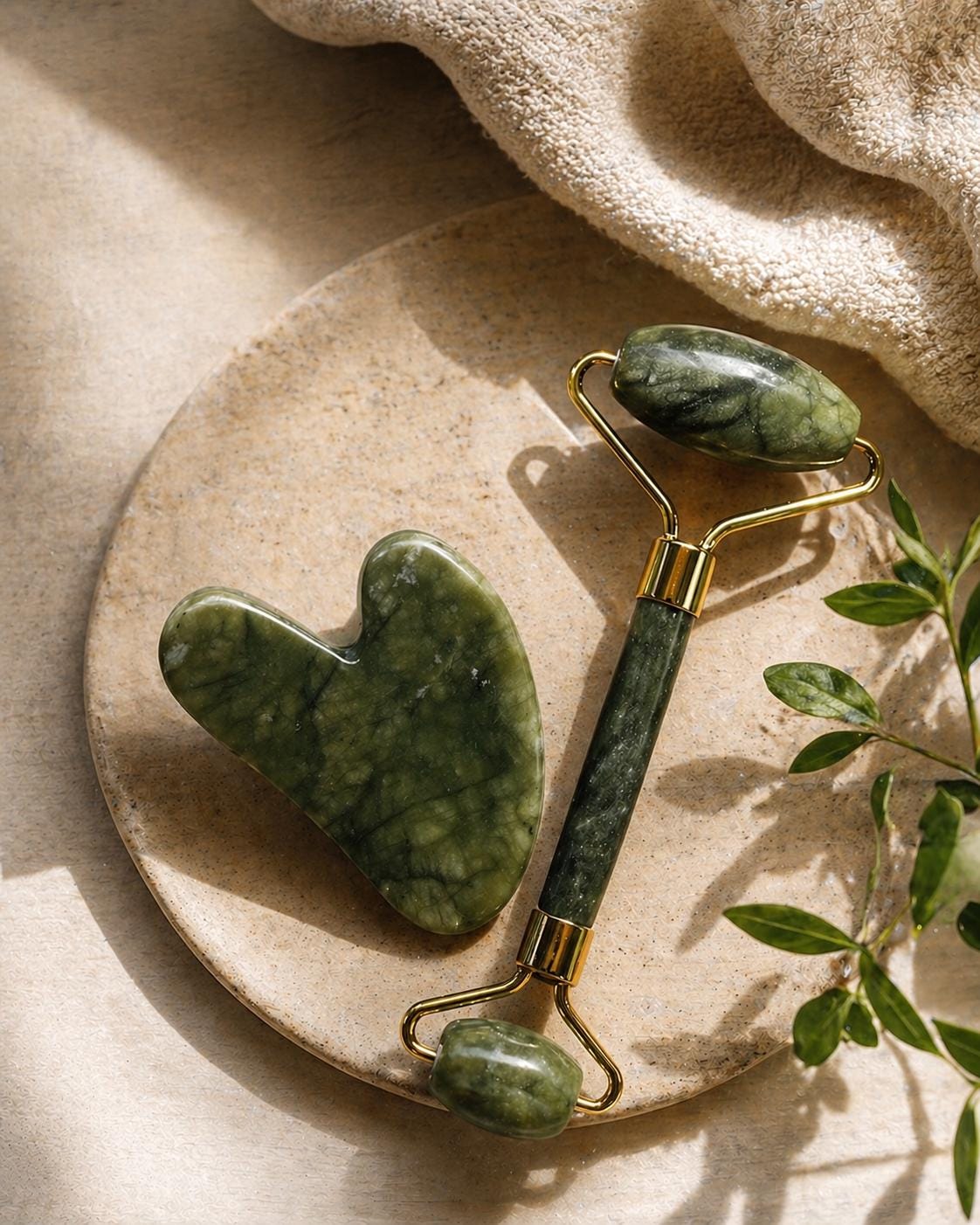 Natural Jade Heart Gua Sha & Roller Real Crystal Set + Linen Storage Bag + Guide + Gift Wrap | Facial Massager Spa Letterbox Bundle
