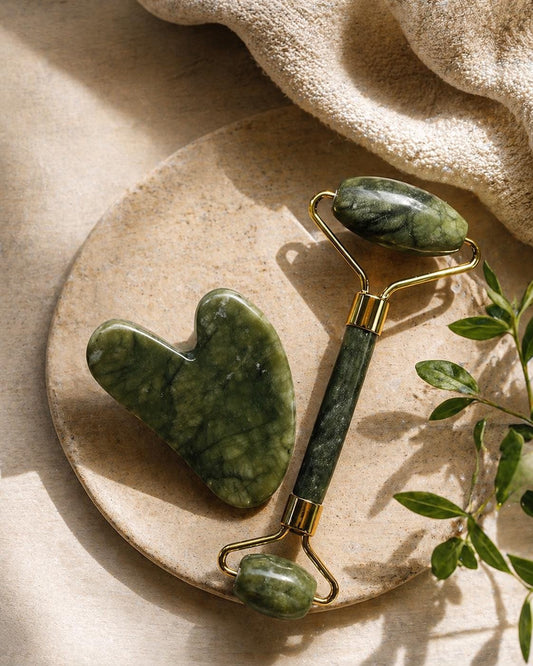 Natural Jade Heart Gua Sha & Roller Real Crystal Set + Linen Storage Bag + Guide + Gift Wrap | Facial Massager Spa Letterbox Bundle