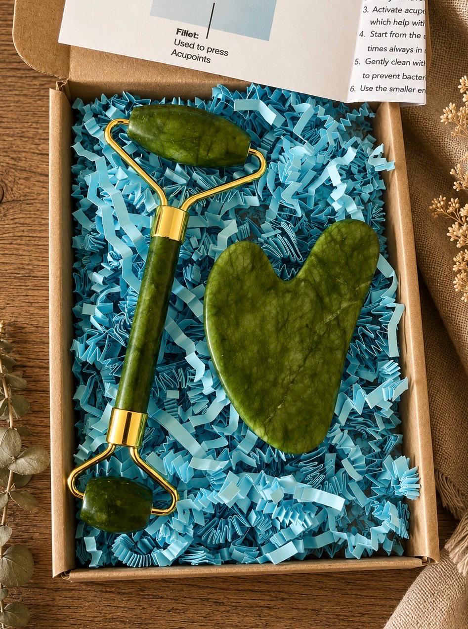 Natural Jade Heart Gua Sha & Roller Real Crystal Set + Linen Storage Bag + Guide + Gift Wrap | Facial Massager Spa Letterbox Bundle